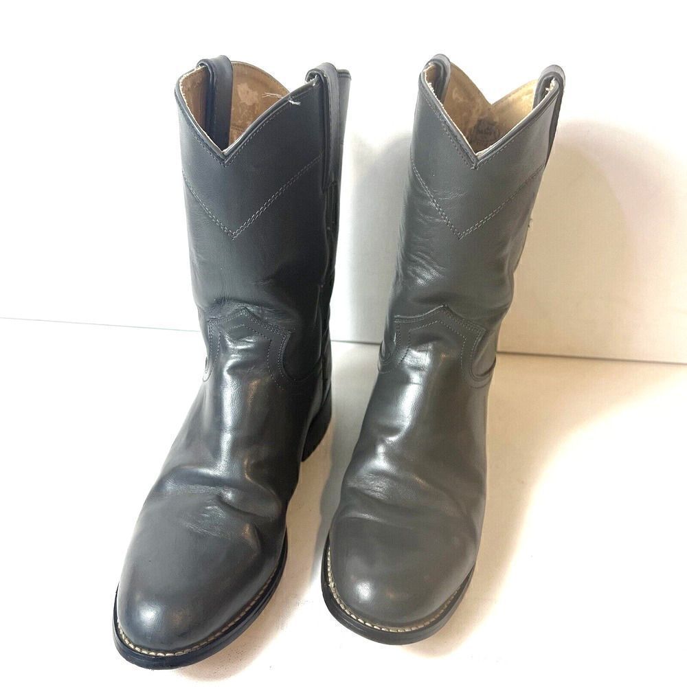 Justin Roper Gray Leather Cowboy Western Riding Casual Boots Mens Youth 4 D Shoe